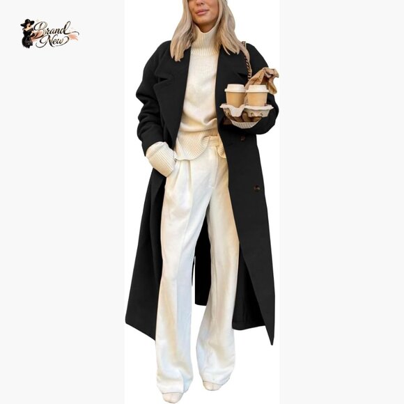 Long Wool Blend Pea Coat Oversized Notch Lapel Double Breasted